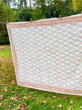 Pomegranate Block Printed Tablecloth 60 X 90 Cotton India Pink Blue Floral